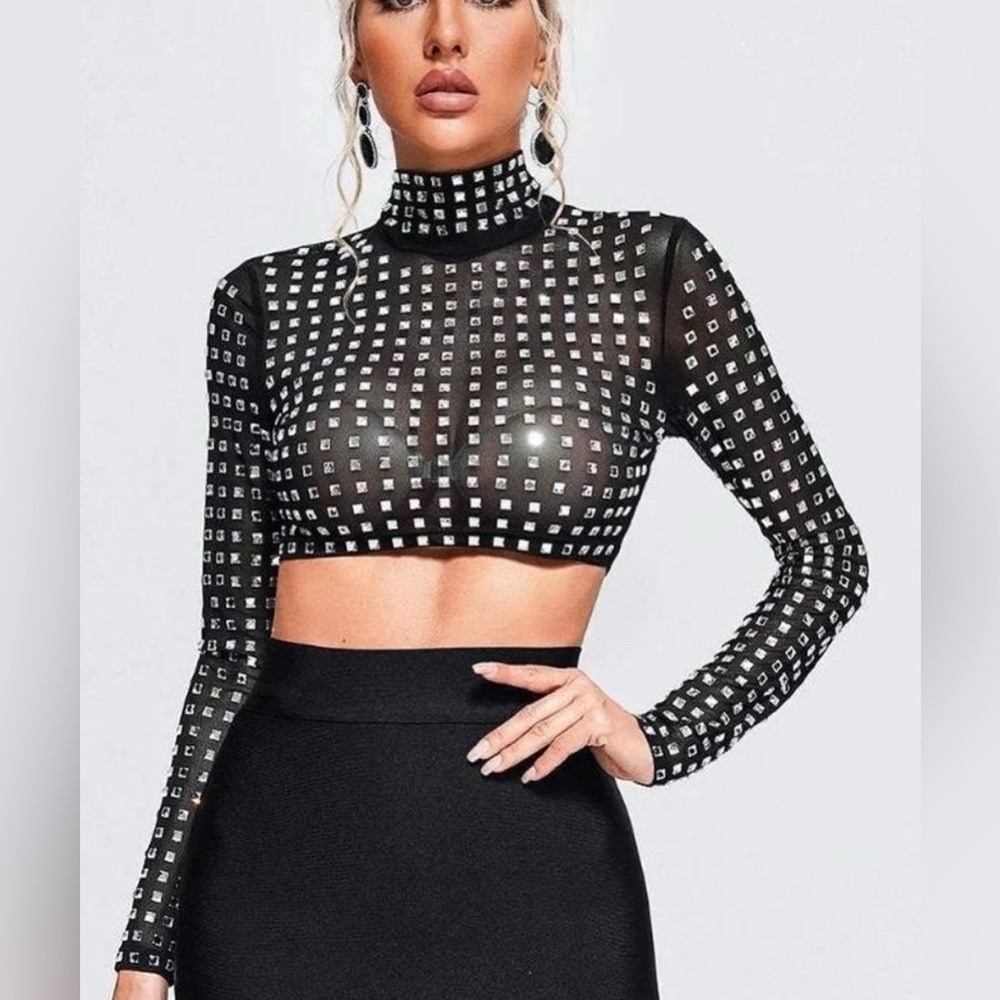 🩷. 2004.  Black Sheer Rhinestone Crop Top Y2K Mesh Long Sleeve Clubwear Glam